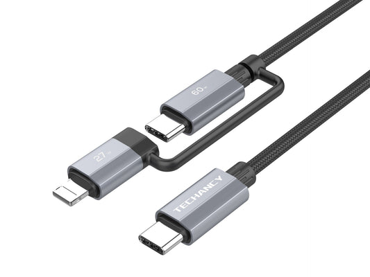 Techancy Cabo de carregamento rápido 2 em 1 TB1743 1m USB-C para USB-C 60W e USB-C para Lightning 27W cabo durável para vários dispositivos