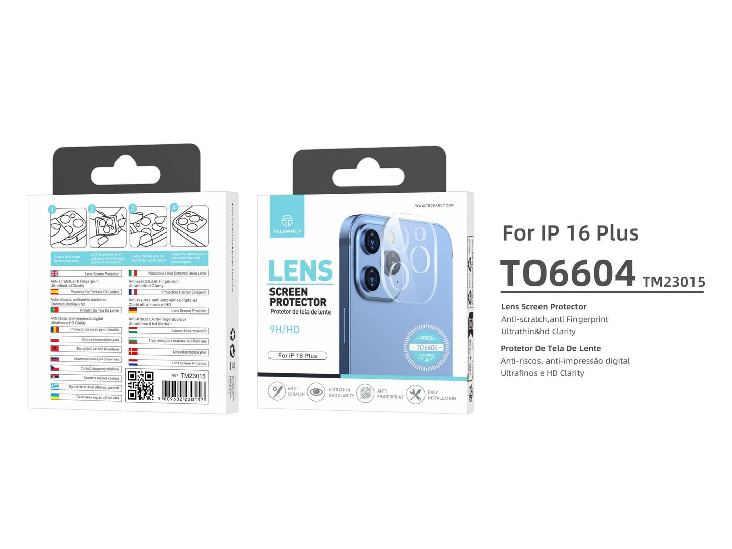 Techancy Protetor de Lente para iPhone 16 Plus TO6604, 9H Anti-riscos, Anti-digital, Ultrafino e HD, Fácil de Instalar