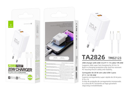 Techancy Carregador TA2826 PD3.0 20W com Duas Portas USB-C e Cabo Lightning Compativel com iPhone 8 a 14 Serie