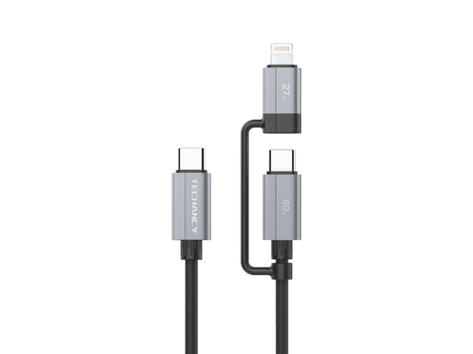 Techancy Cabo de carregamento rápido 2 em 1 TB1743 1m USB-C para USB-C 60W e USB-C para Lightning 27W cabo durável para vários dispositivos