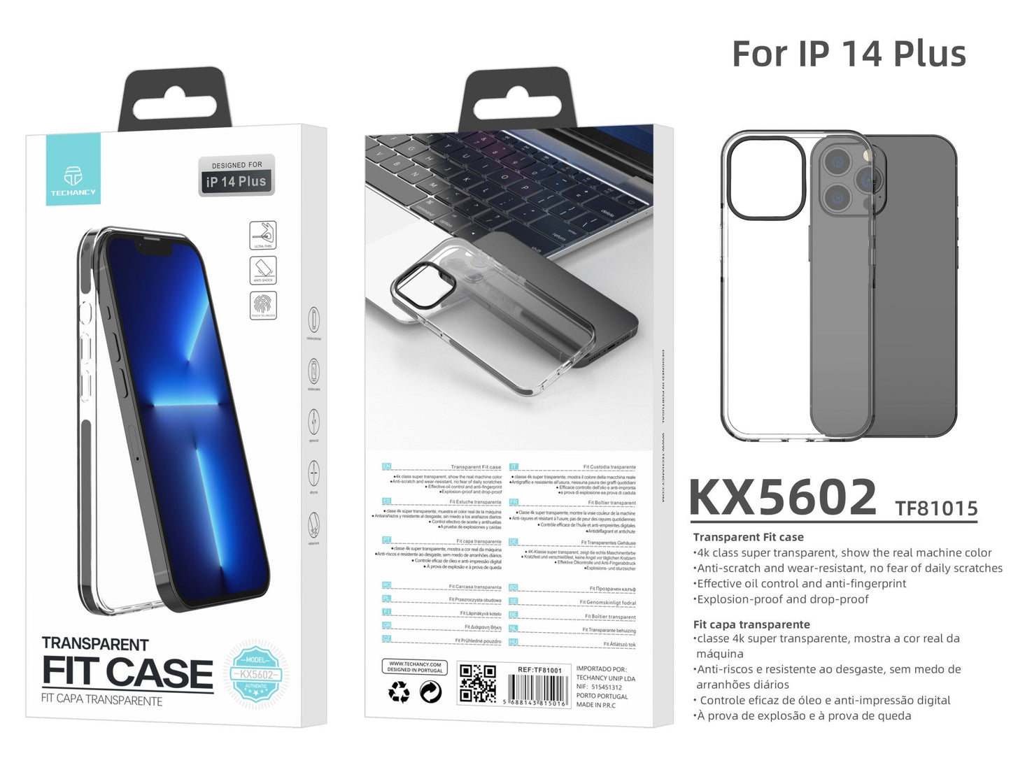 Capa transparente para telemóvel Techancy New Acrylic, KX5602, compatível com iPhone 14 Plus, transparente + preto