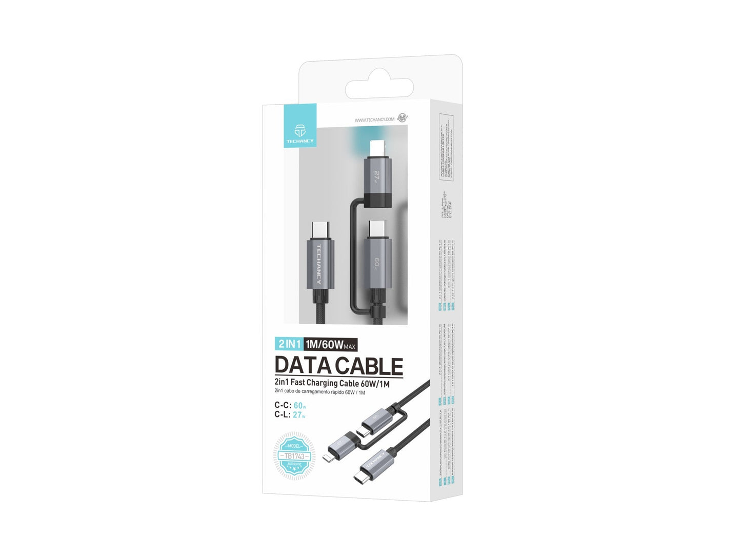 Techancy Cabo de carregamento rápido 2 em 1 TB1743 1m USB-C para USB-C 60W e USB-C para Lightning 27W cabo durável para vários dispositivos