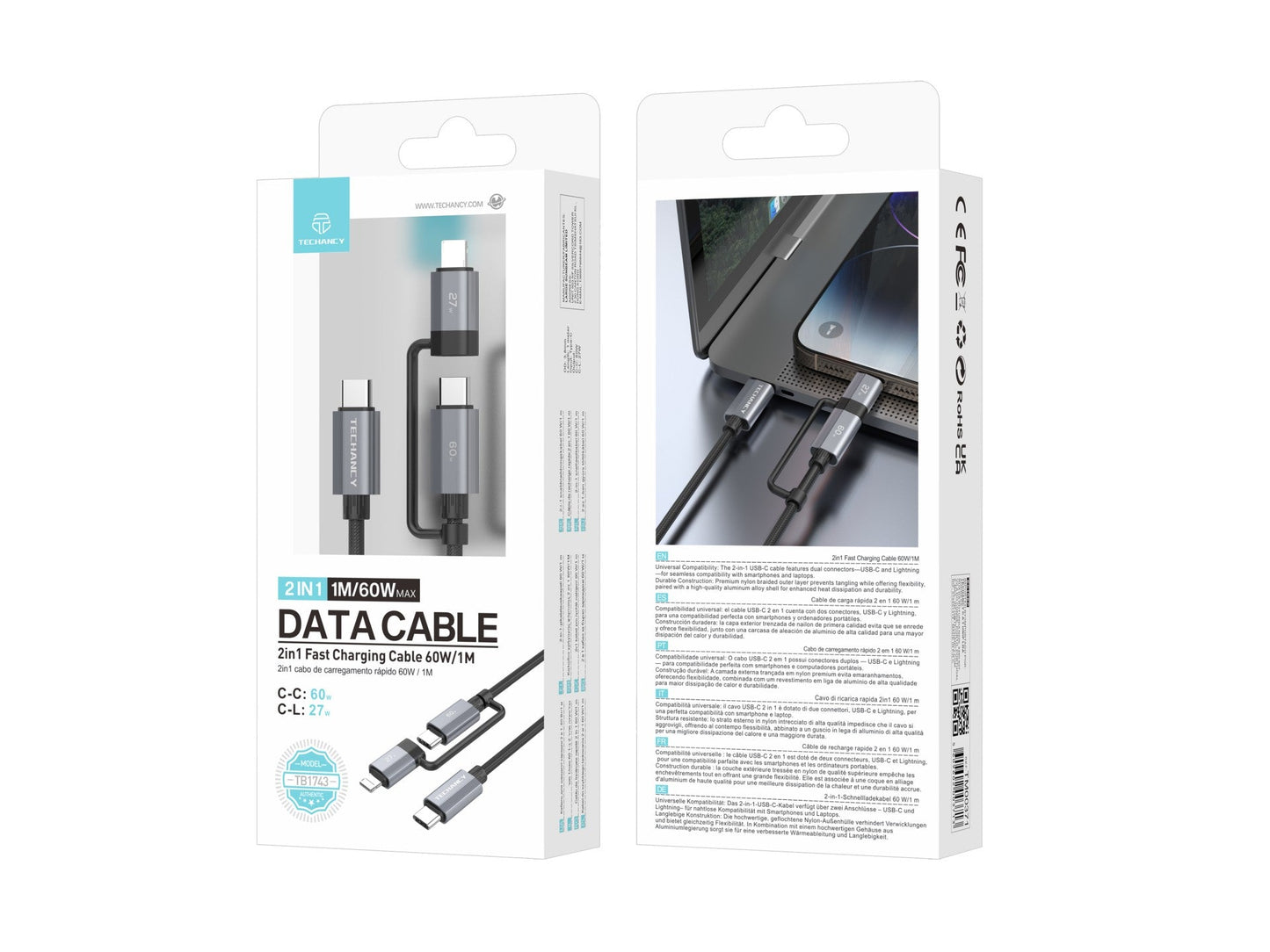 Techancy Cabo de carregamento rápido 2 em 1 TB1743 1m USB-C para USB-C 60W e USB-C para Lightning 27W cabo durável para vários dispositivos